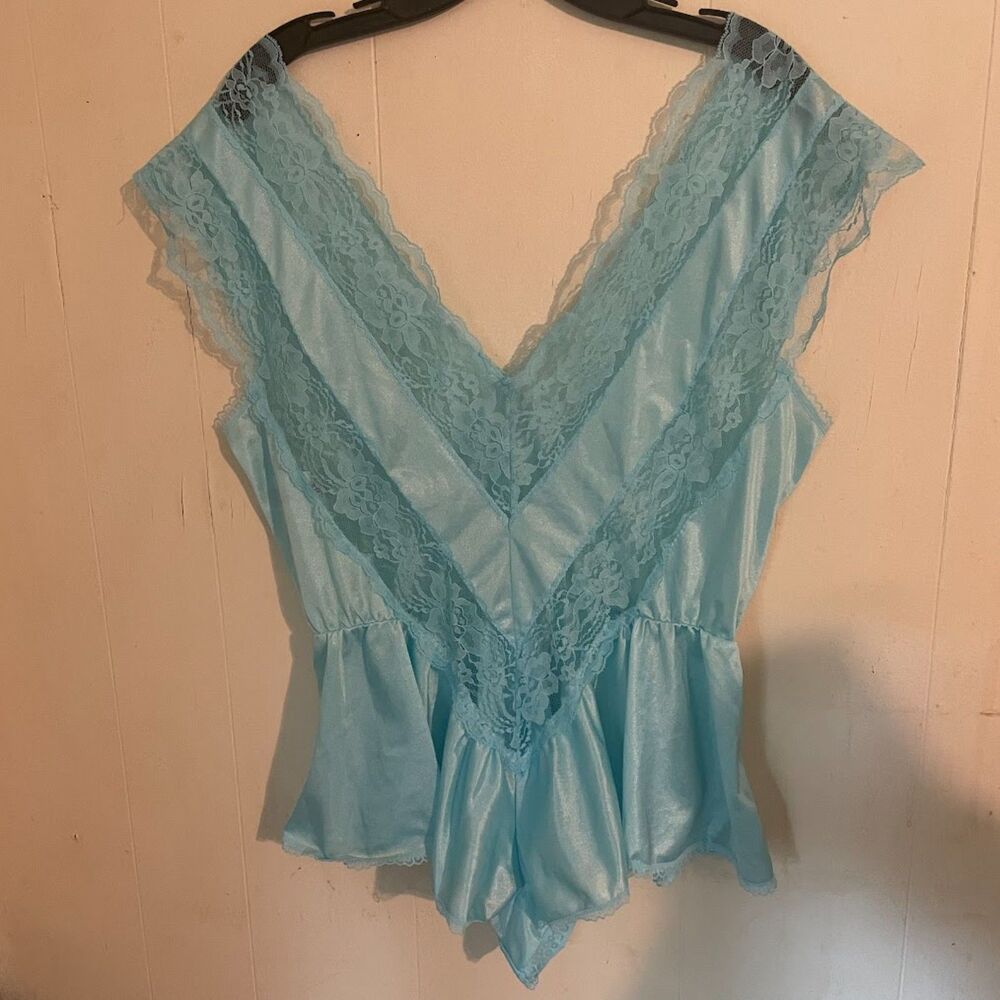 Vintage 80s ALANA GALE Blue Shiny Nylon Sheer Lace  Teddy M nwot Coquette